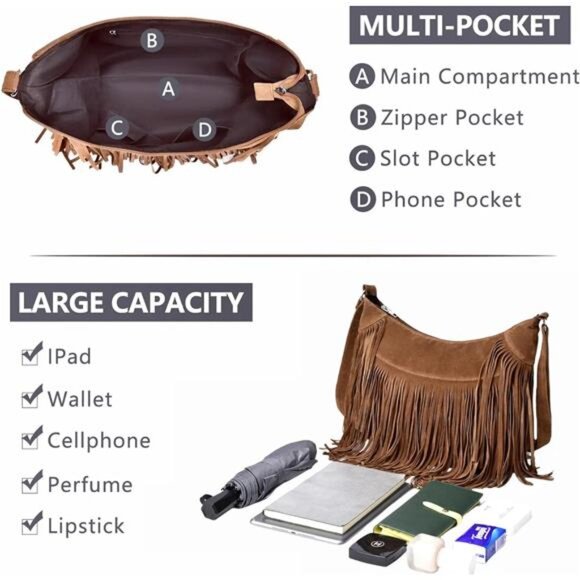 Fringe Hobo Bags for Women Vintage Suede Crossbody Bag Hippie Western Cowgirl - Picture 3 of 7